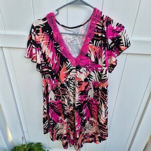 Torrid Super Soft Sleep Pink Tropical Palm Lace Trim Nightgown Chemise Size 0 L